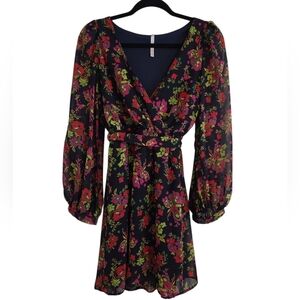 Hello Miss Red and Pink Tiered Dress with Bishop Sleeves Size Small Floral